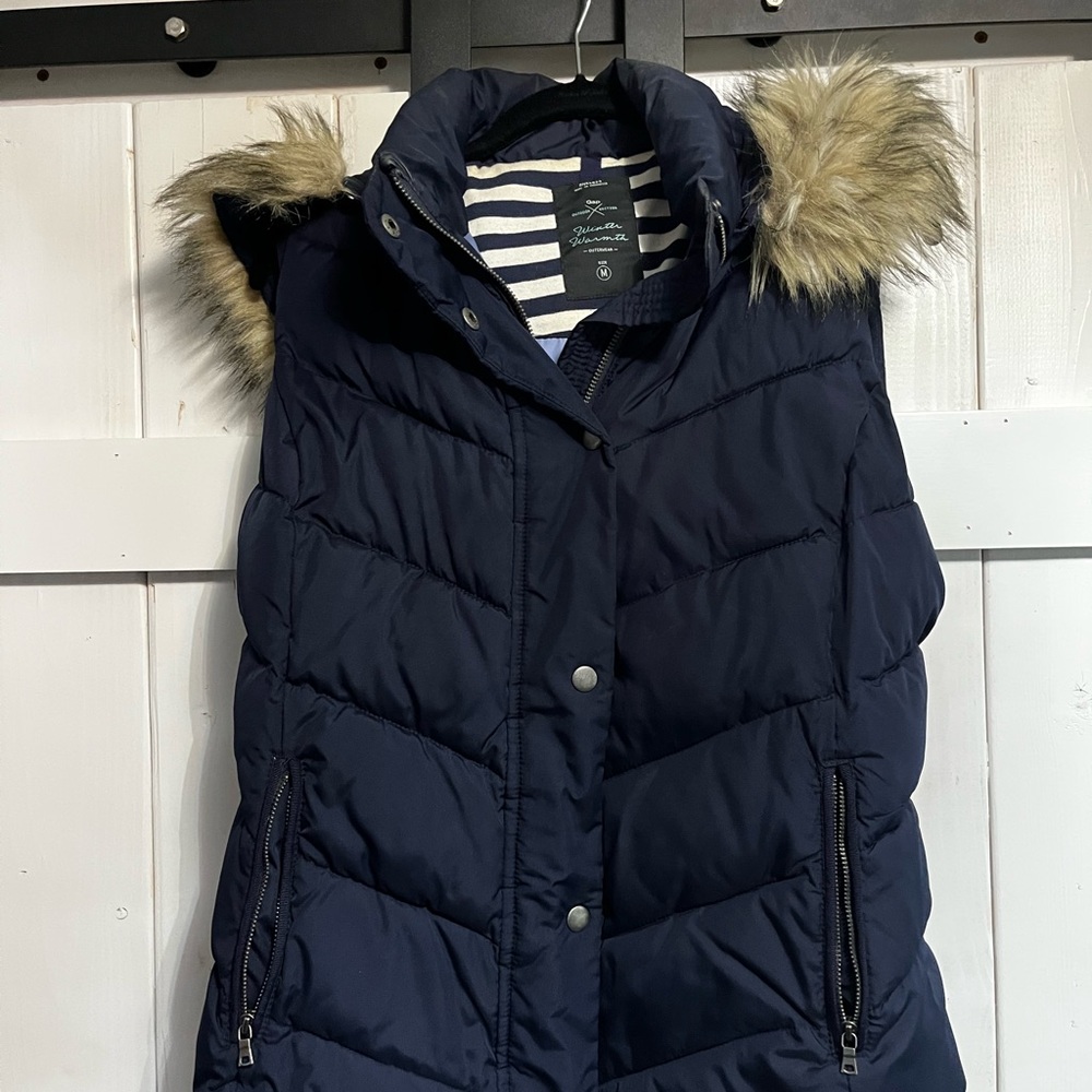 GAP Dark Blue Vest with Faux Fur Hood